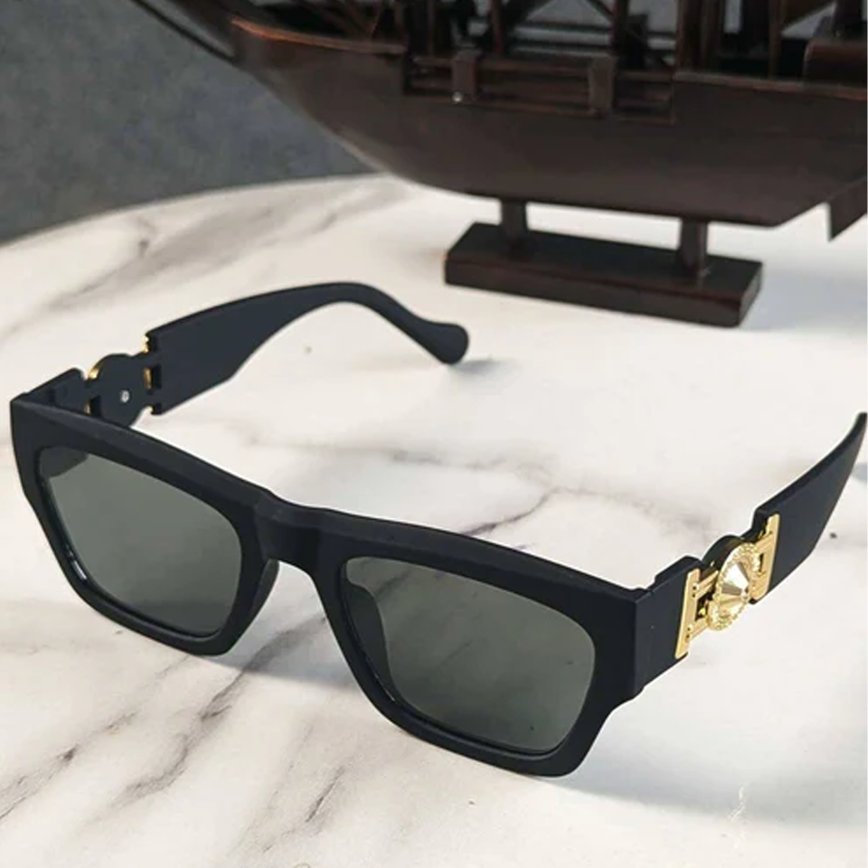 Turn heads with these Unisex Gold Medallion Square Sunglasses
